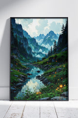 Majestic river flows through lush green valleys | Ai Artworks Poster Wall Art