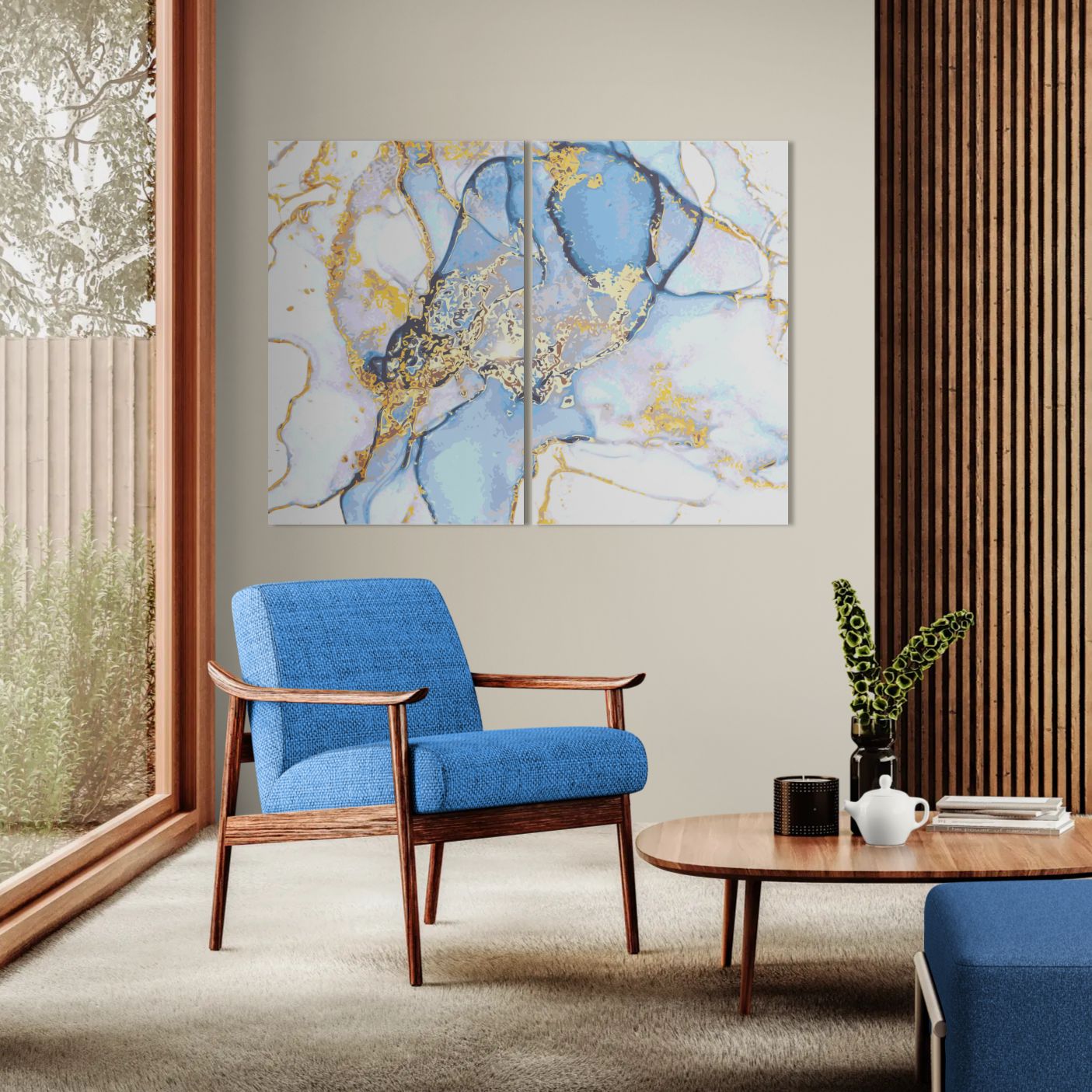 Light blue and gold marble abstract textures (2 Panel) Abstract Wall Art