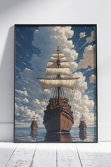 Sailing Ship Caravel Navigating the Sea Waves | Ai Artworks Poster Wall Art
