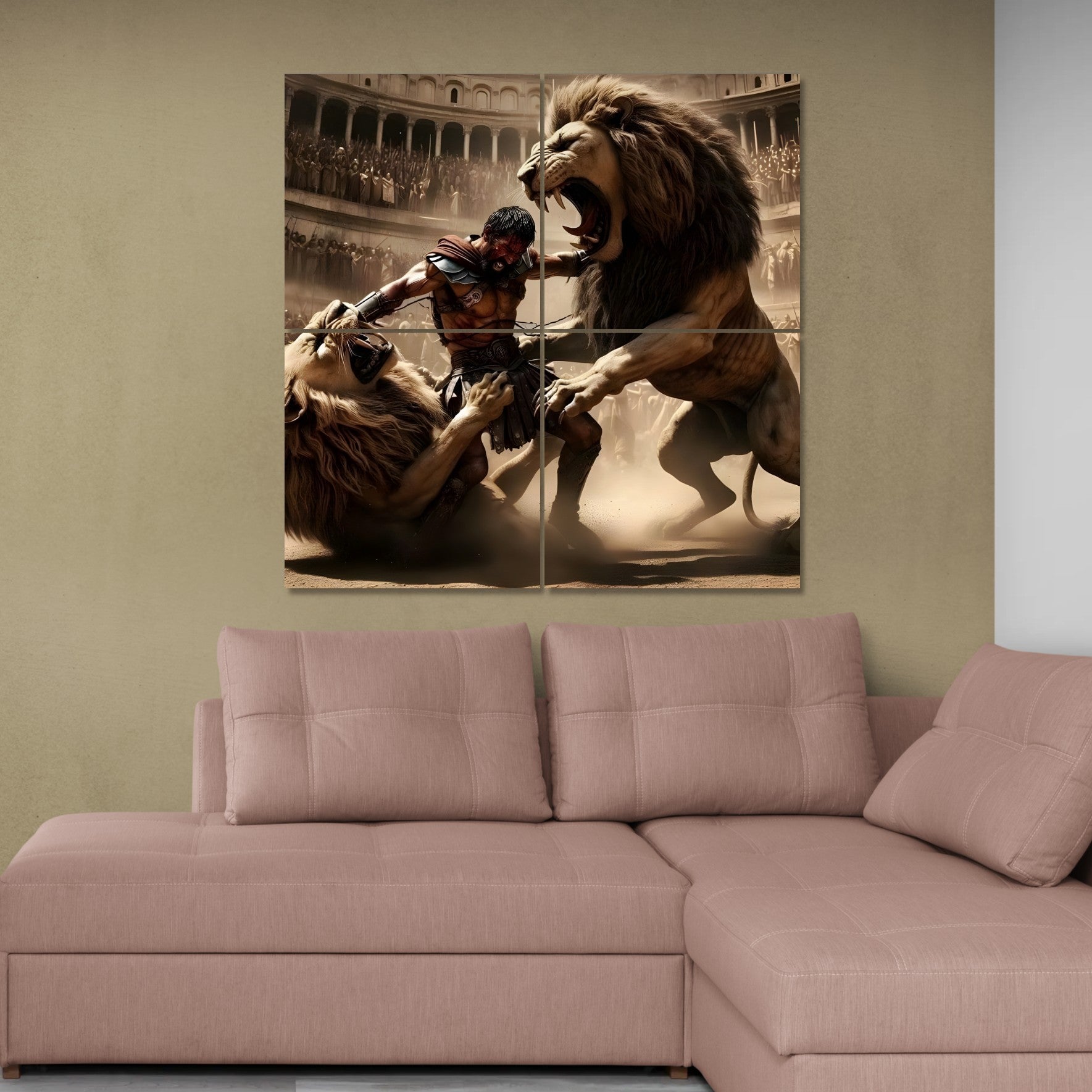 Spartan Warrior facing lions (4 Panel-II) Square Wall Art