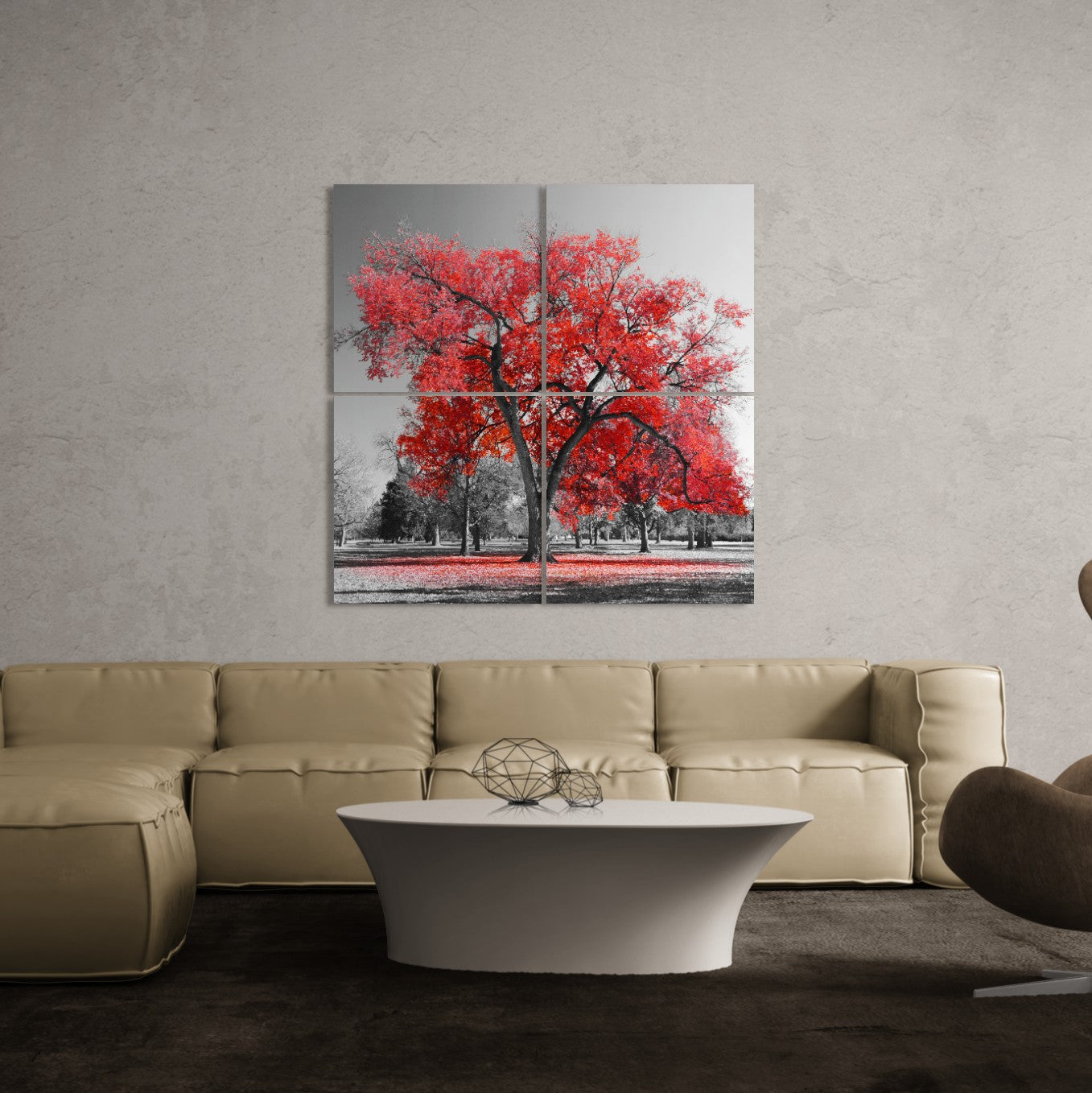 Big Red Tree on Foggy Day (4 Panel-II) Square Wall Art