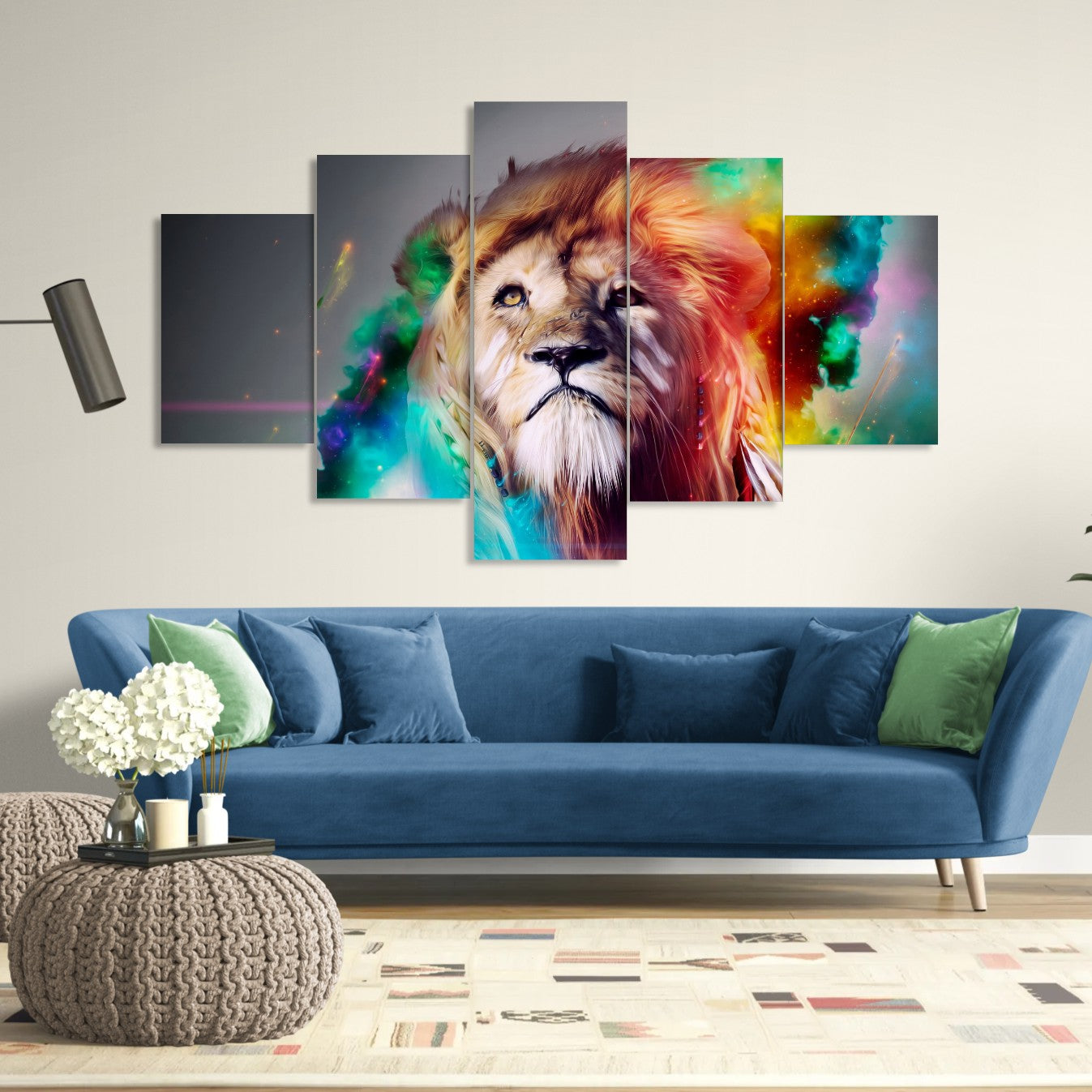 Oil Painting Style Of Lion (5 Panel-II) Digital Painting Wall Art