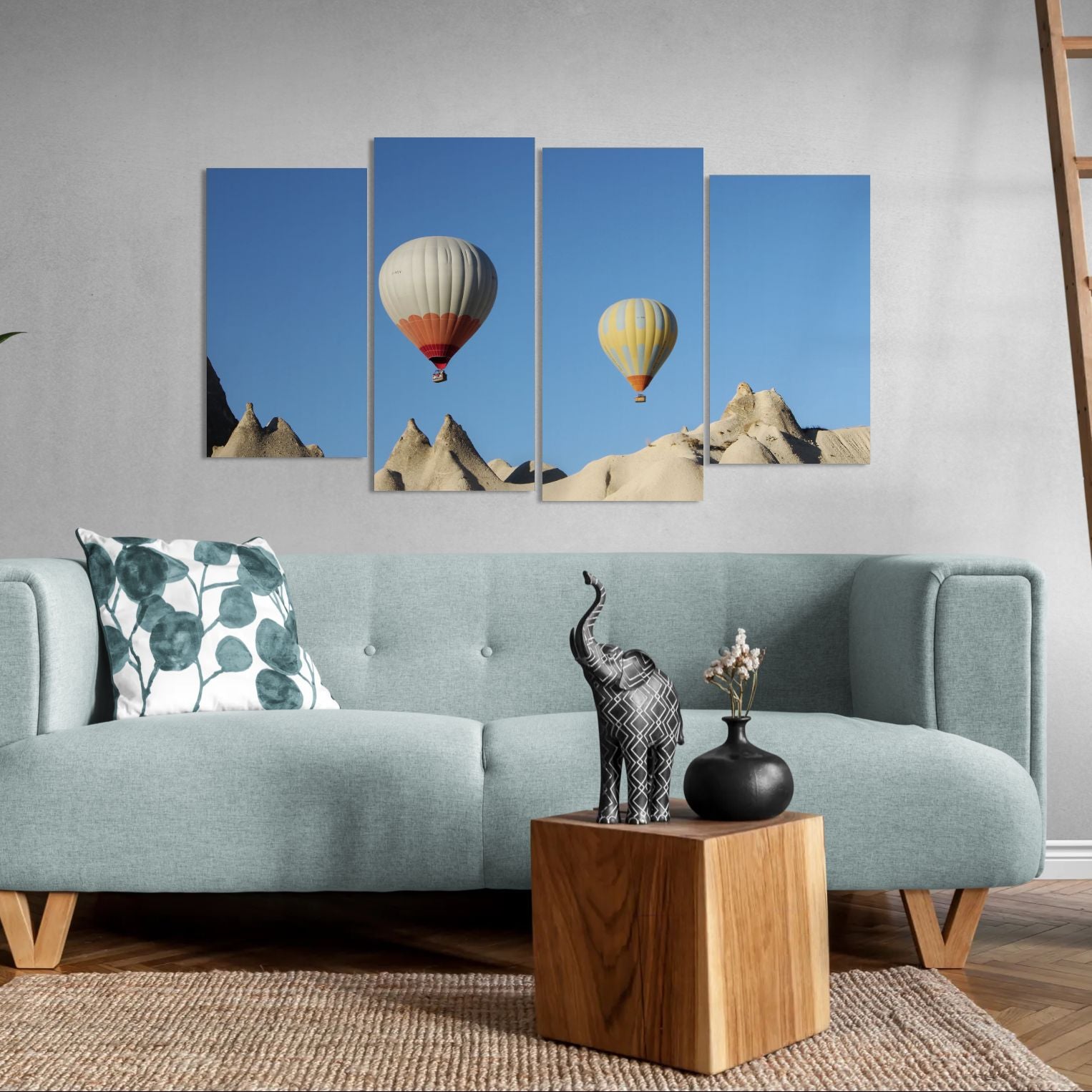 two Hot Air Balloons in the Light Cloudy Sky (4 Panel-II) Landscape Wall Art