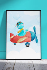 Cute Little Dinosaur Flying Airplane 002 | Kids Poster Wall Art