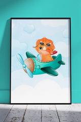 Cute Little Dinosaur Flying Airplane 003 | Kids Poster Wall Art