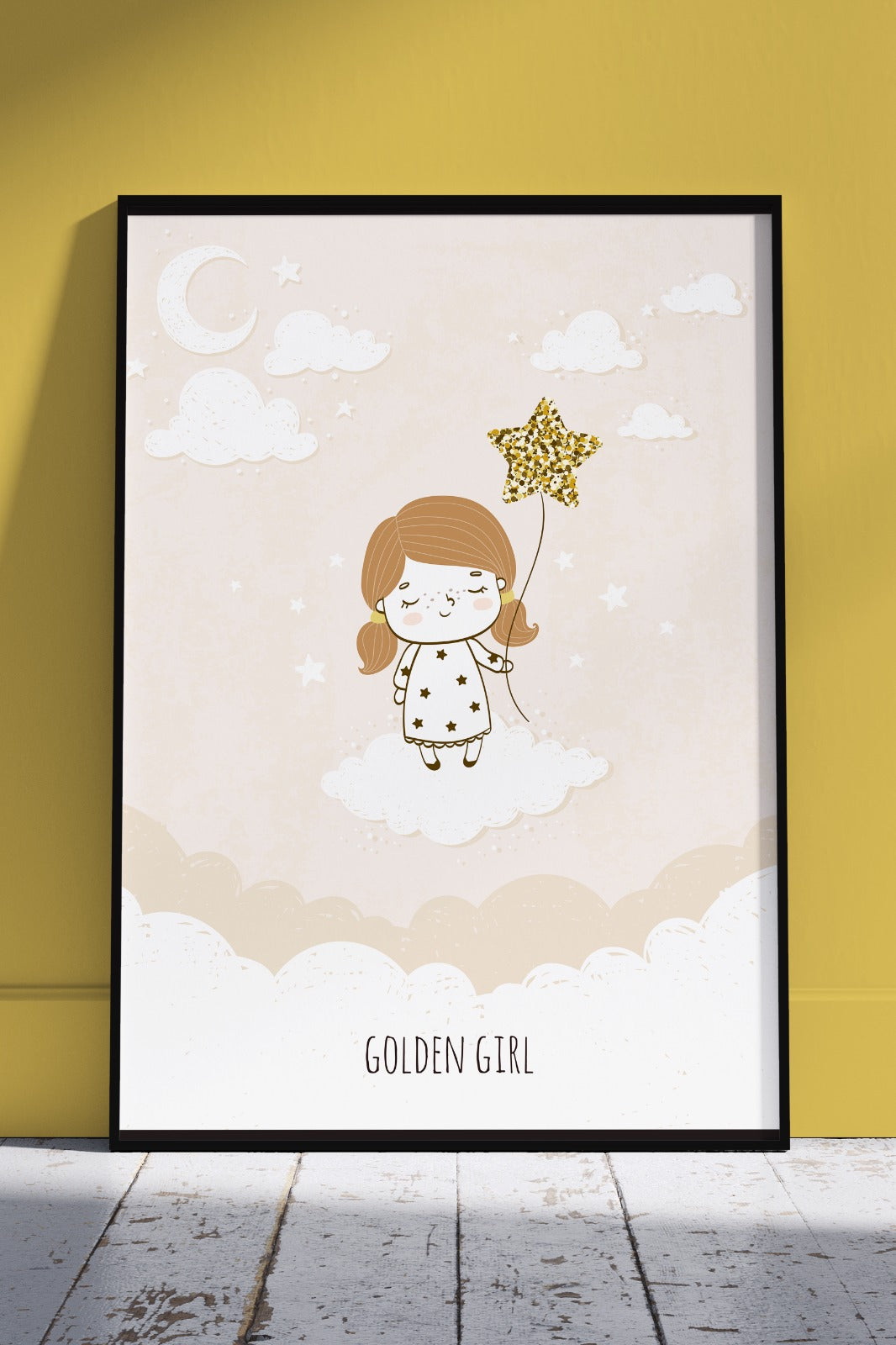 Cute Golden Baby Girl With Star Balloon | Kids Poster Wall Art