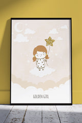 Cute Golden Baby Girl With Star Balloon | Kids Poster Wall Art