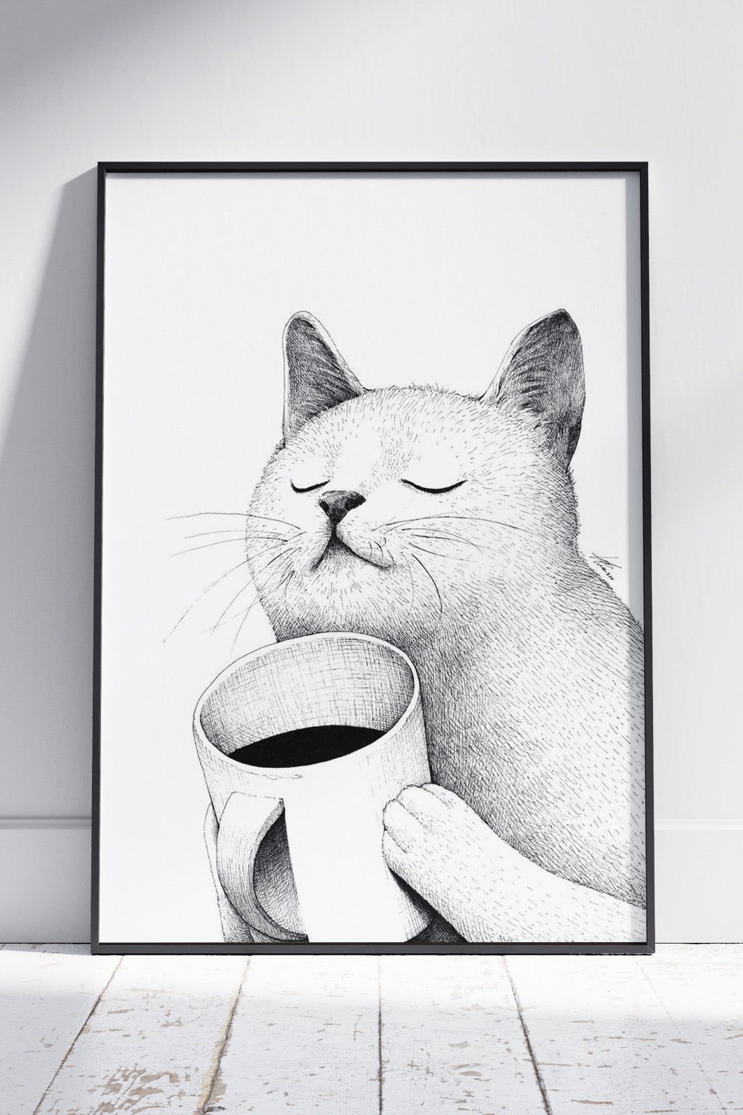 White Cat with Coffee Mug | Animal Poster Wall Art