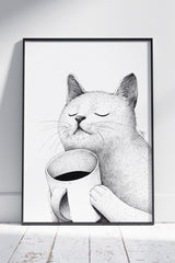 White Cat with Coffee Mug | Animal Poster Wall Art