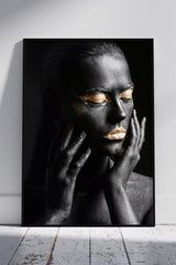 Woman in Golden Eyes and Lips | Black & Gold Poster Wall Art