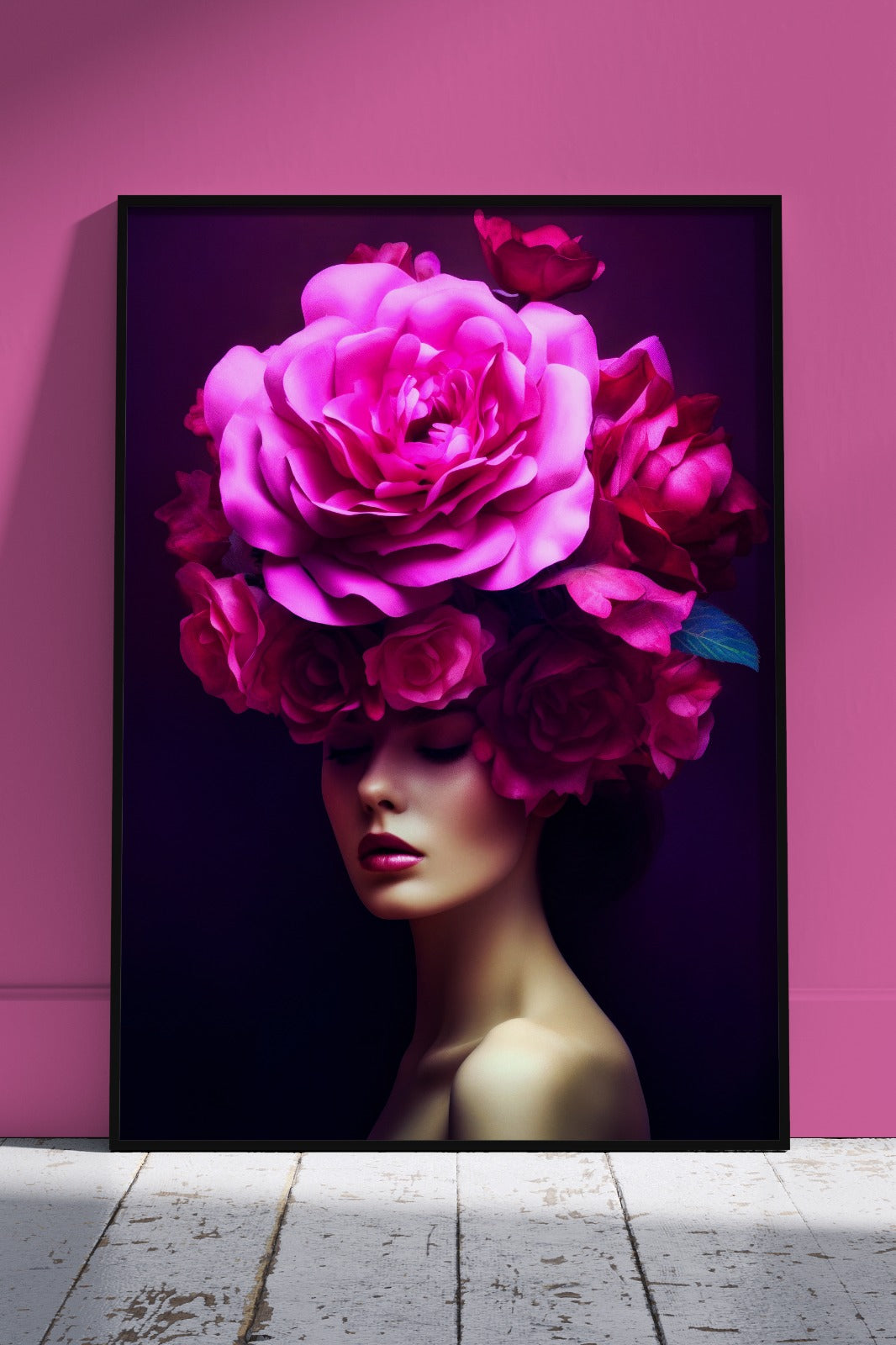 Woman with shades of dark pink flowers on her head 003 | Floral Poster Wall Art