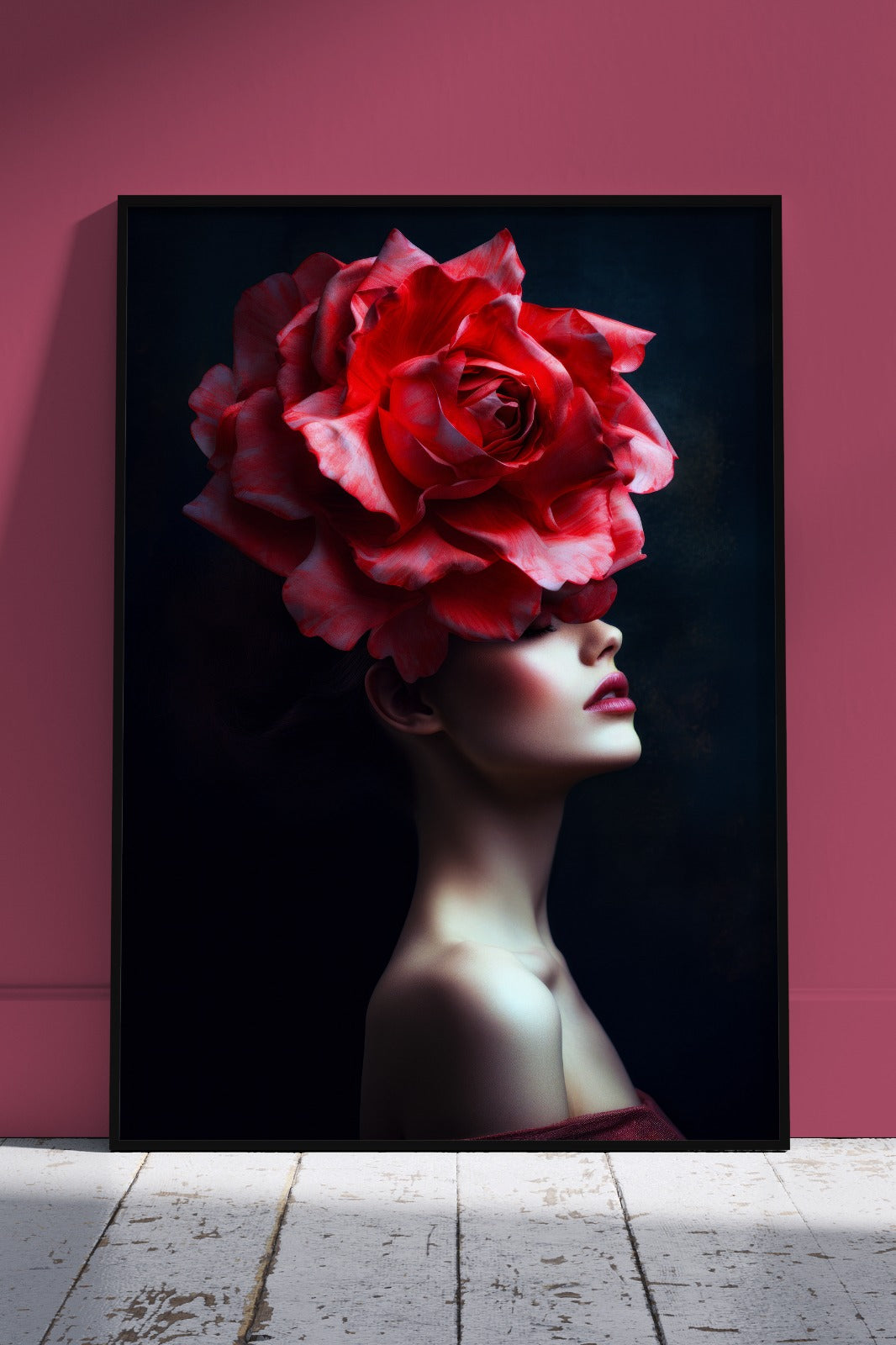 Woman with shades of dark pink flowers on her head 005 | Floral Poster Wall Art