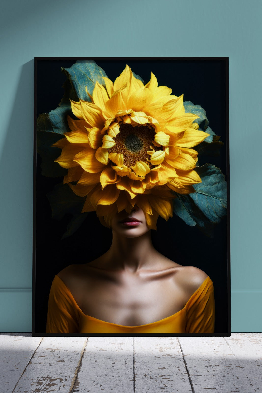 Woman with shades of yellow flowers on her head | Floral Poster Wall Art