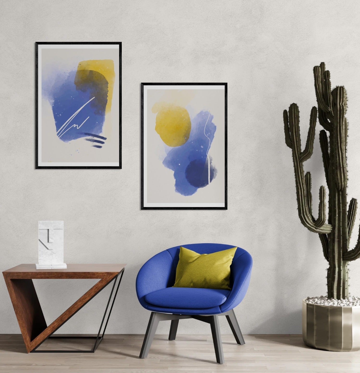 Blue & Yellow Abstract watercolor 005 (2 Panel) Abstract Wall Art