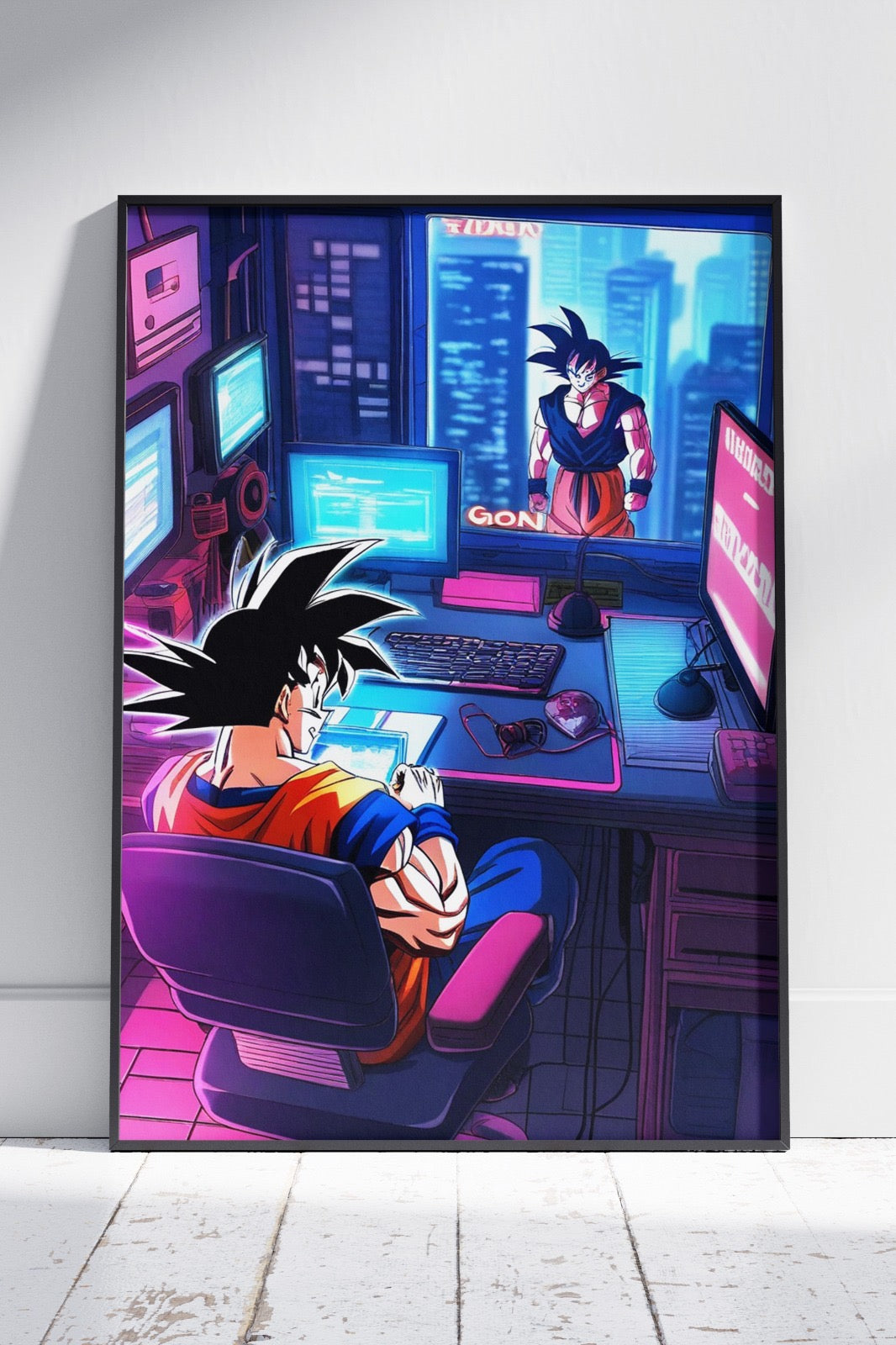 Dragon ball goku sitting at a desk with a computer | Anime Poster Wall Art