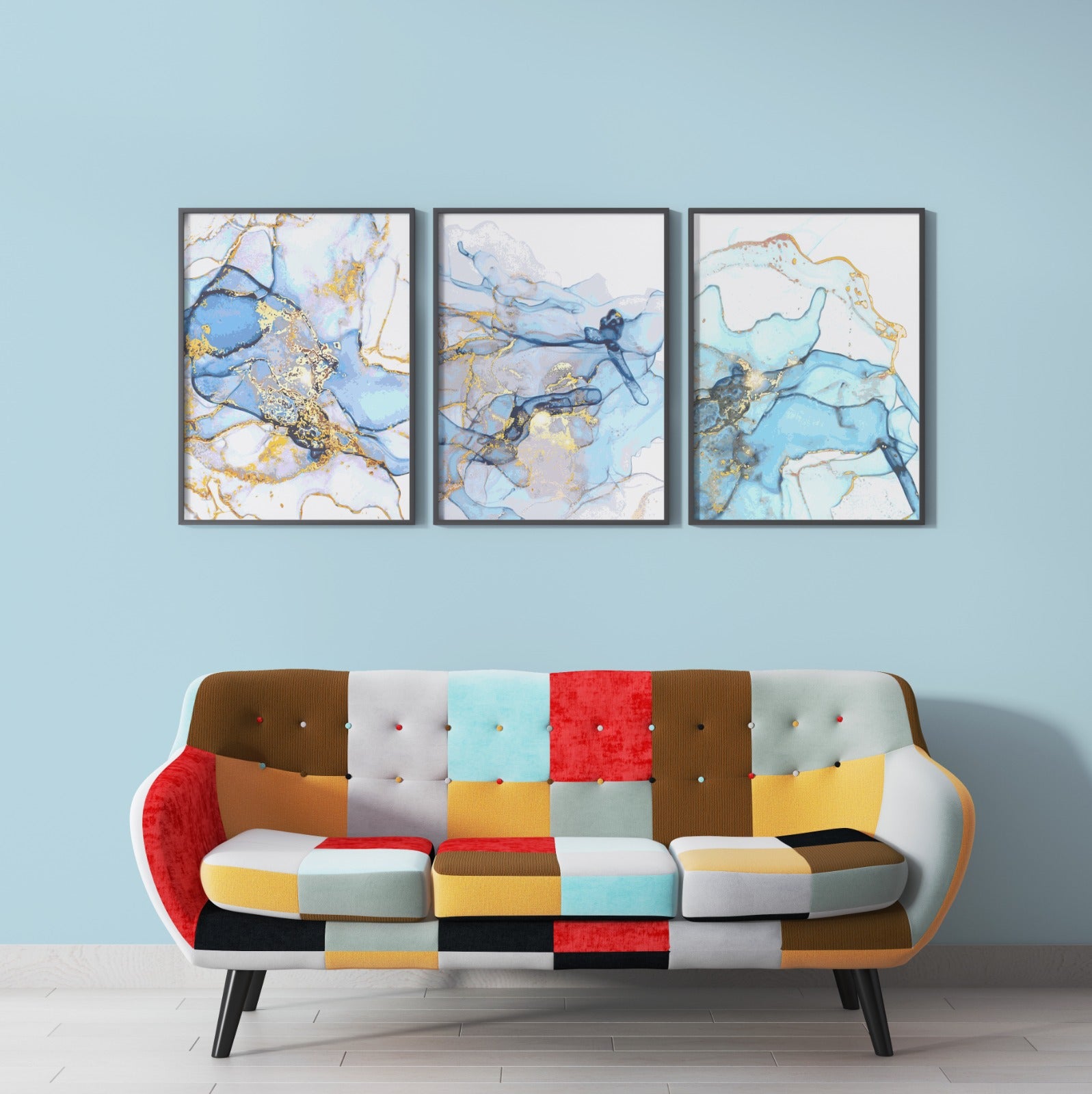 Light blue and gold marble abstract 004 (3 Panel) Abstract Wall Art