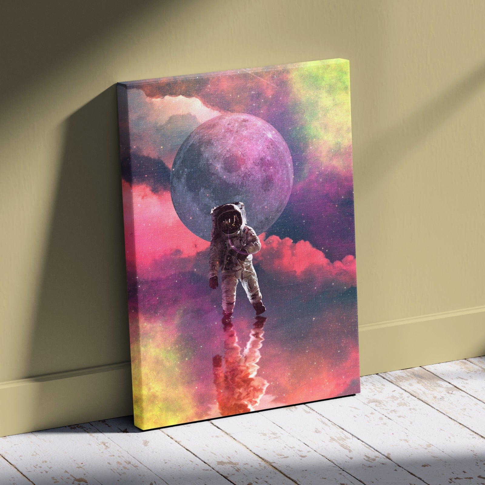 Astronaut and moon water reflection