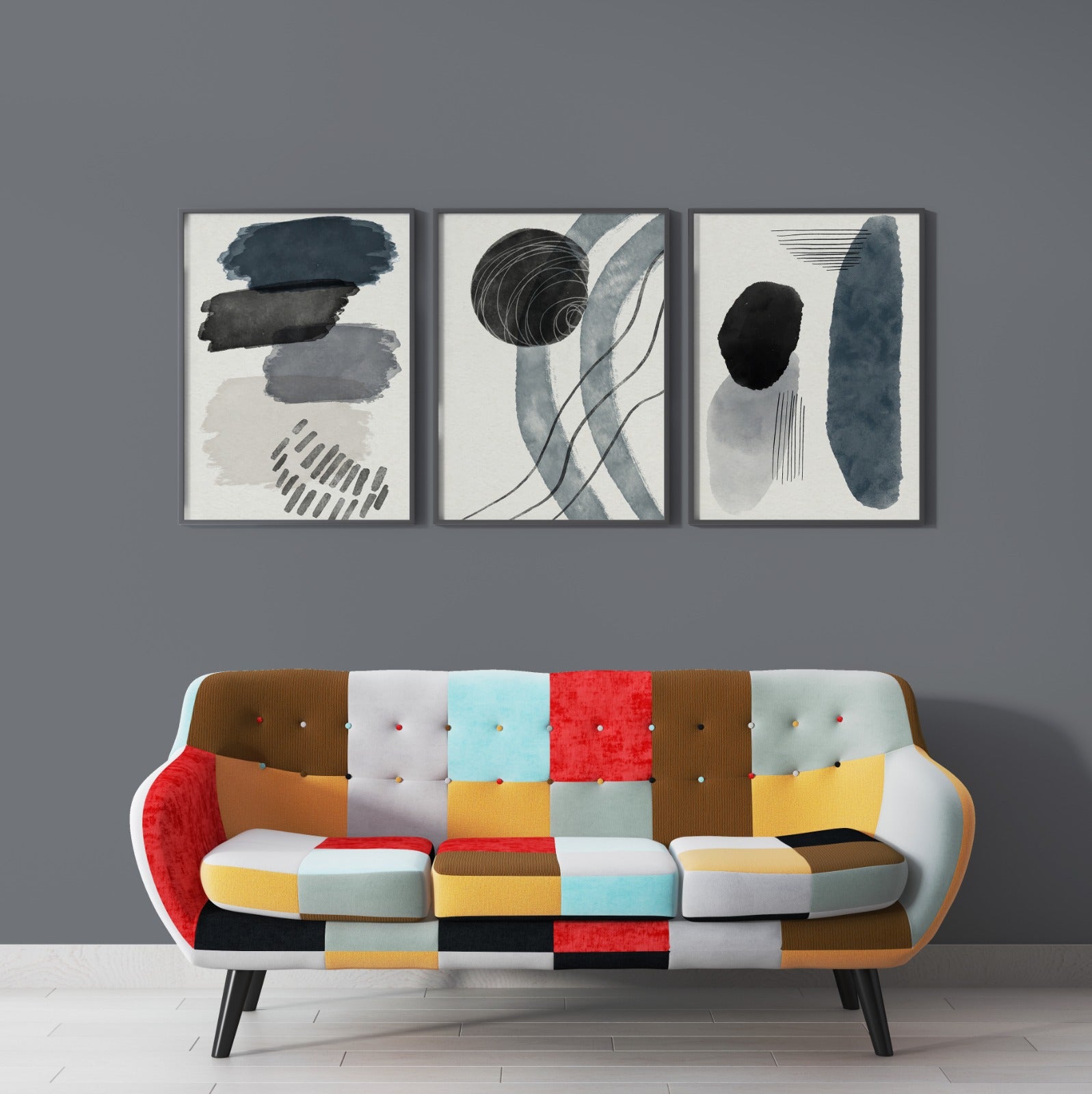 Black Line Watercolor Style Art (3 Panel) Abstract Wall Art