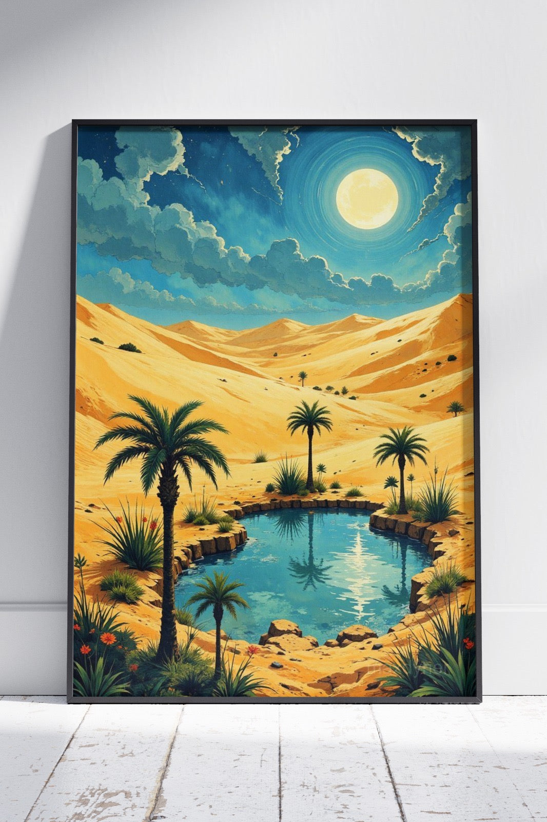 desert scene with a stream and palm trees | Ai Artworks Poster Wall Art