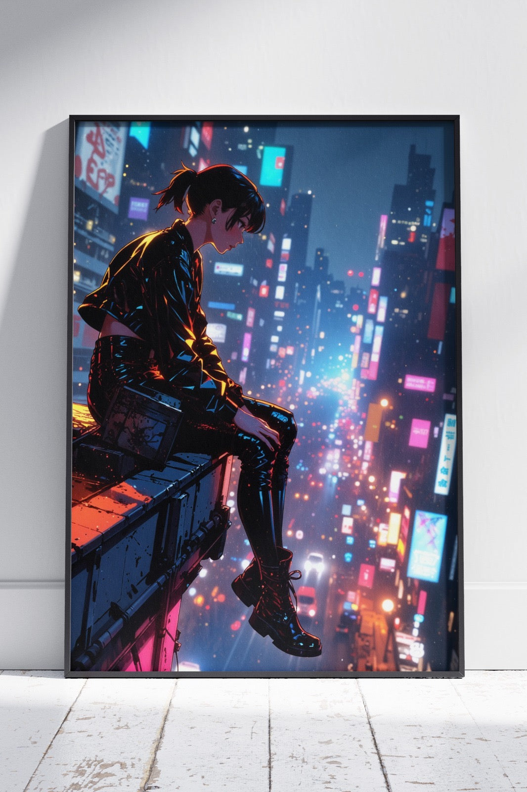 Cyberpunk Steampunk Neon Girl On Rooftop | Anime Poster Wall Art