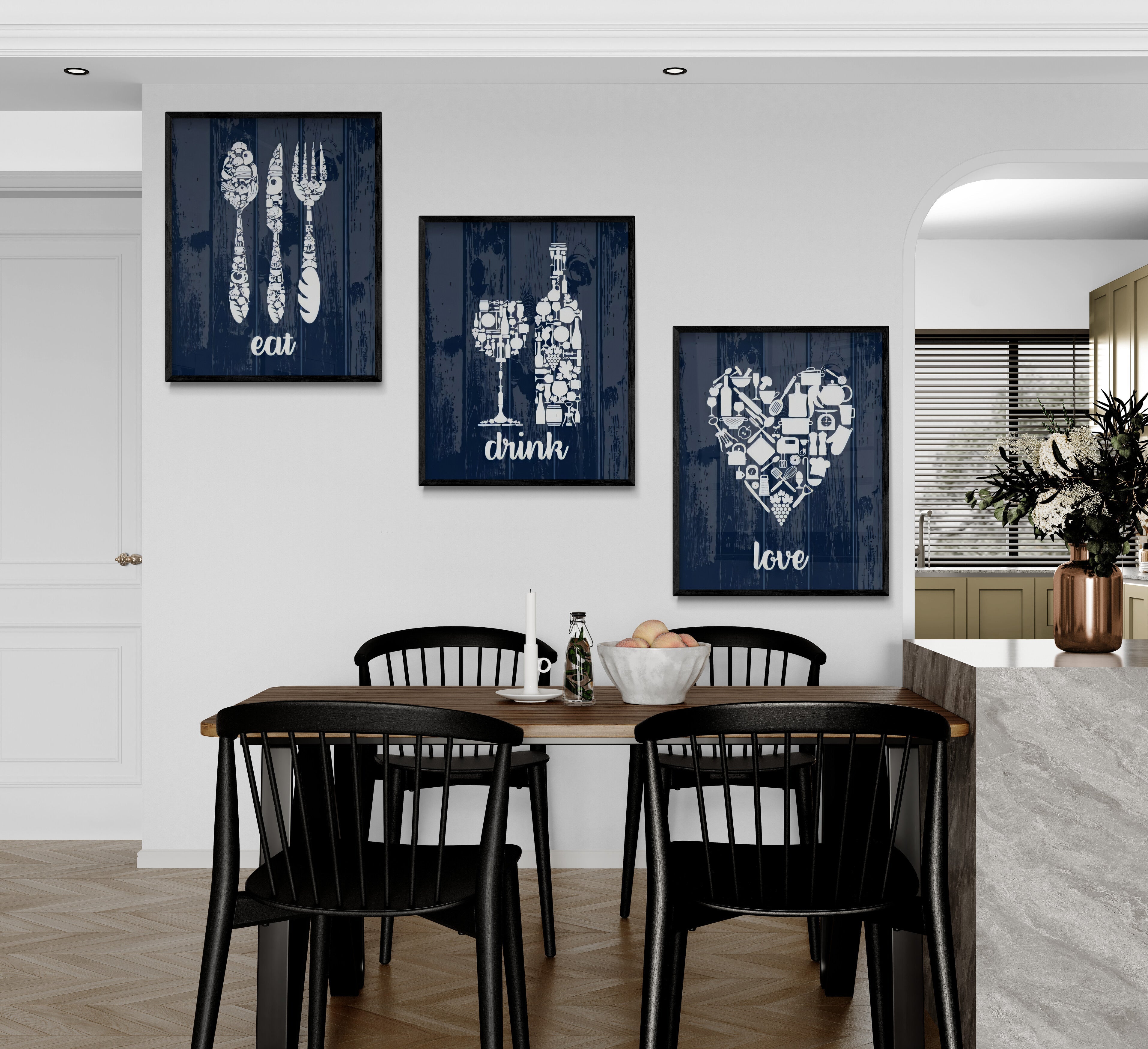 Heart Kitchen Utensils Love Drink Eat (3 Panel) Kitchen Wall Art