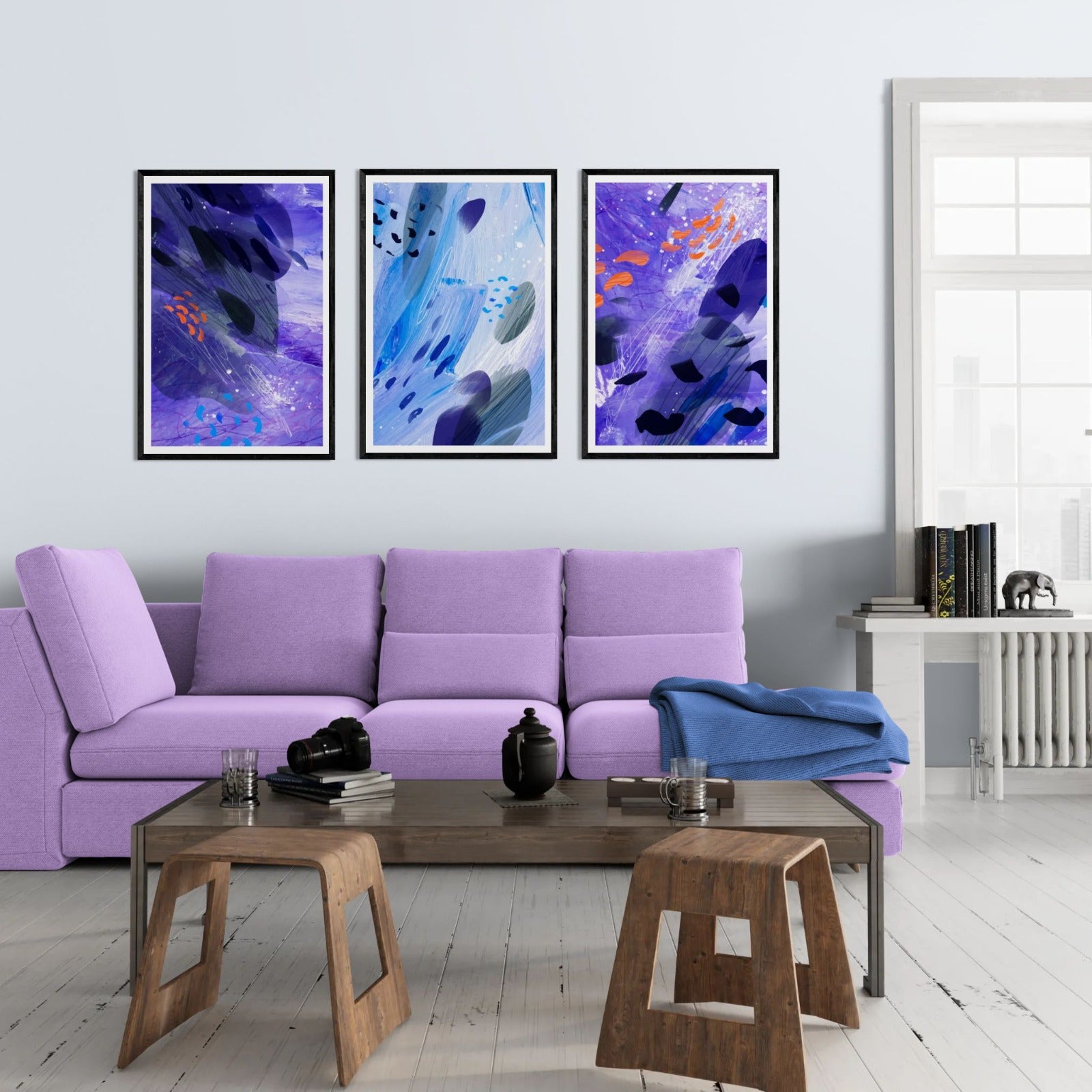 Dark Blue Abstract Ocean Painting (3 Panel) Abstract Wall Art