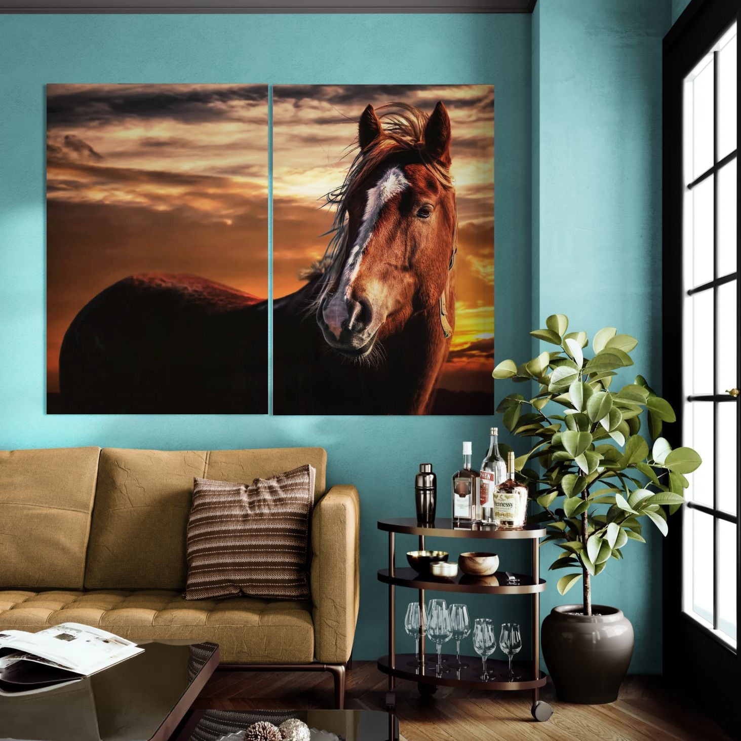 Brown Horse on Face Standing Sunset (2 Panel) Animal Wall Art
