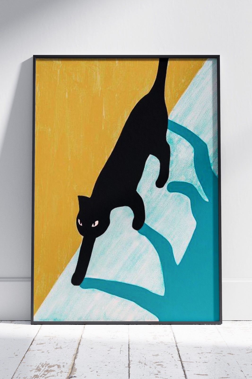 Black Cat Walking throug Stripes | Animal Poster Wall Art