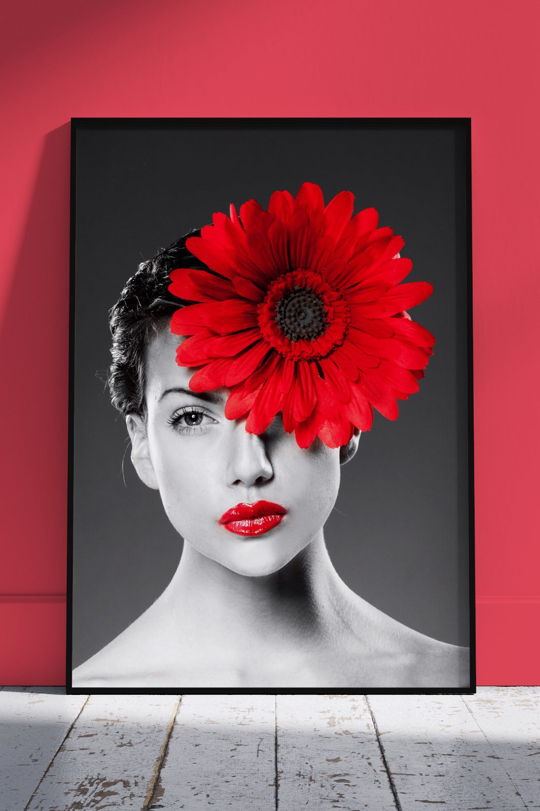 Black White Portrait Woman With Red Lips & Flower | Floral Poster Wall Art