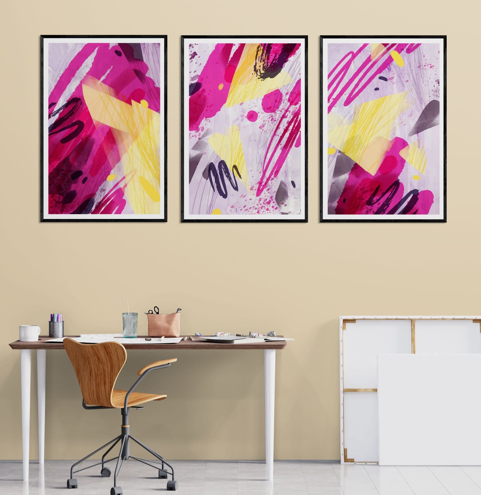 Pink & Yellow Paint Strokes (3 Panel) Abstract Wall Art
