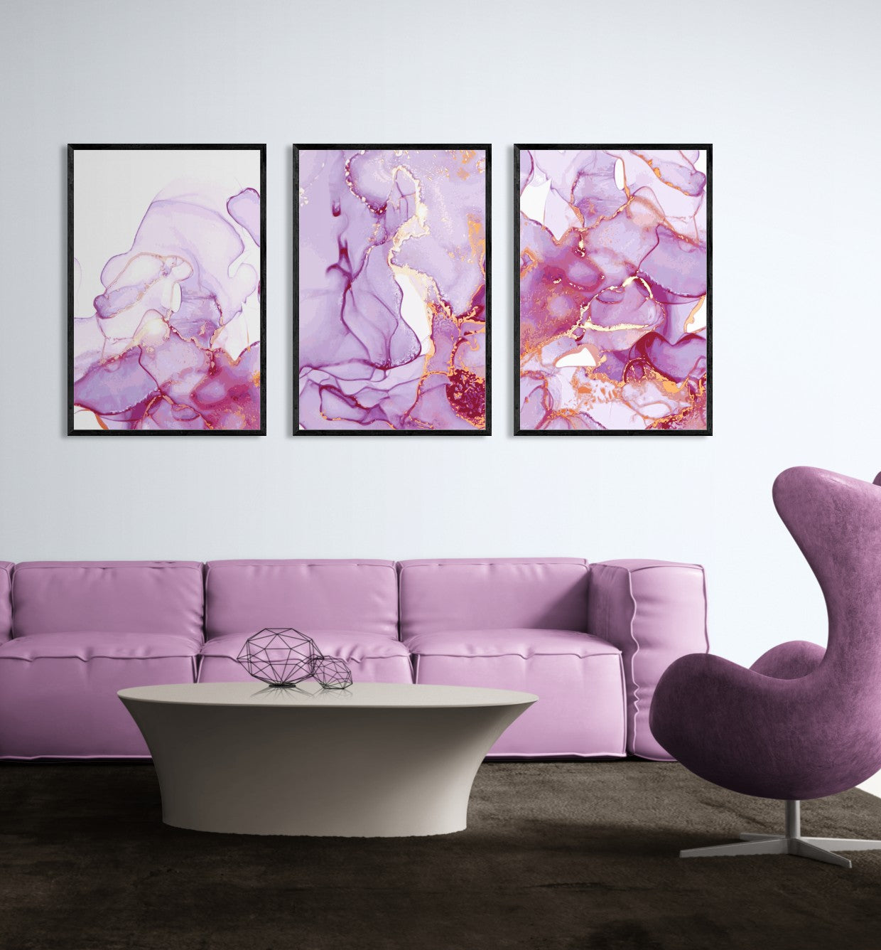 Pink And Gold Fuchia Liquid Art (3 Panel) Abstract Wall Art
