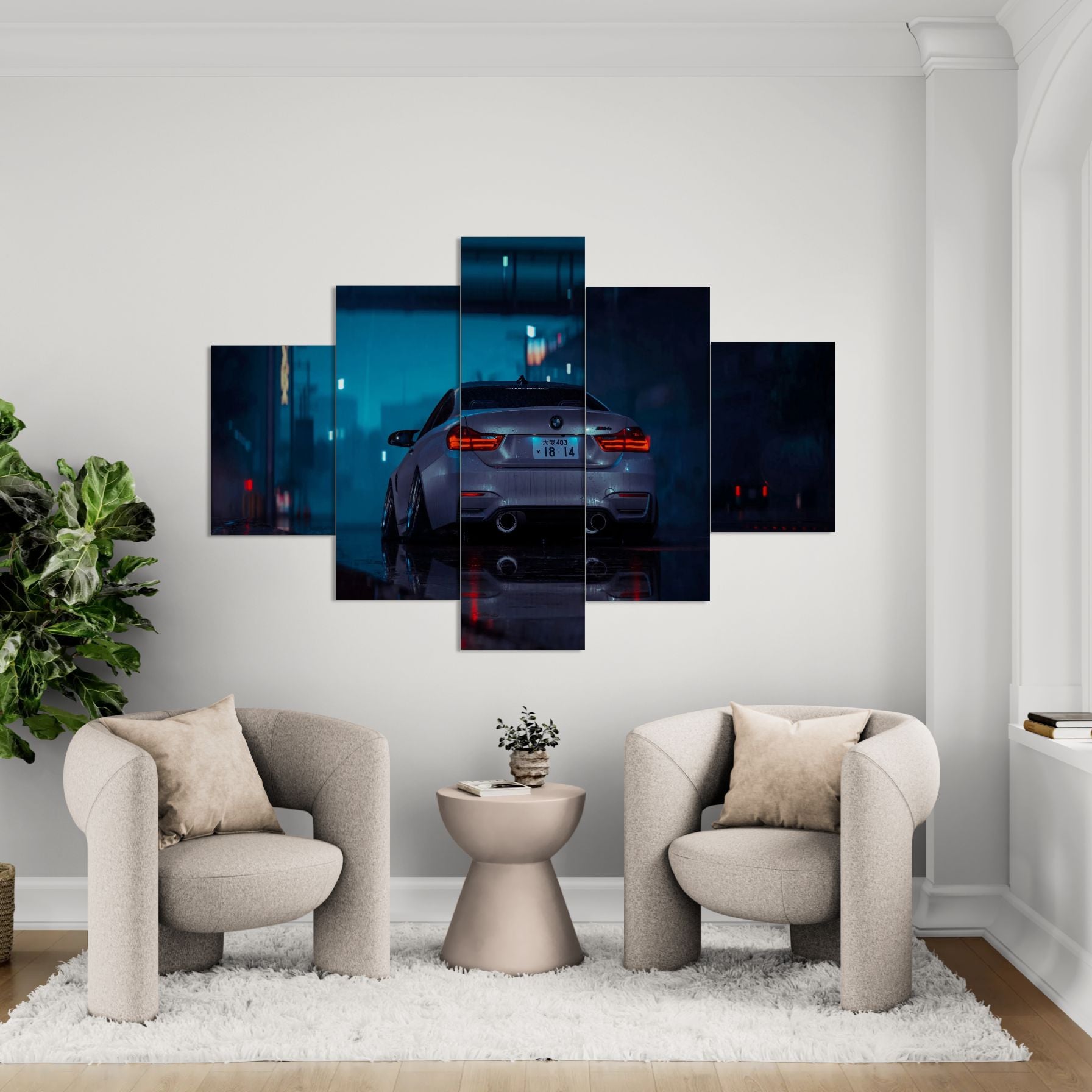 BMW Car In A Rainy Colorful Night (5 Panel-II) Car Wall Art