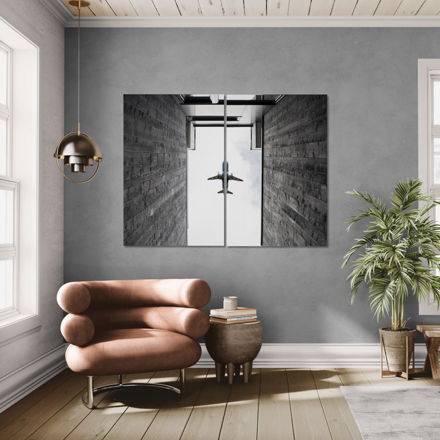 Plane Passing Through Buildings (2 Panel) Abstract Wall Art