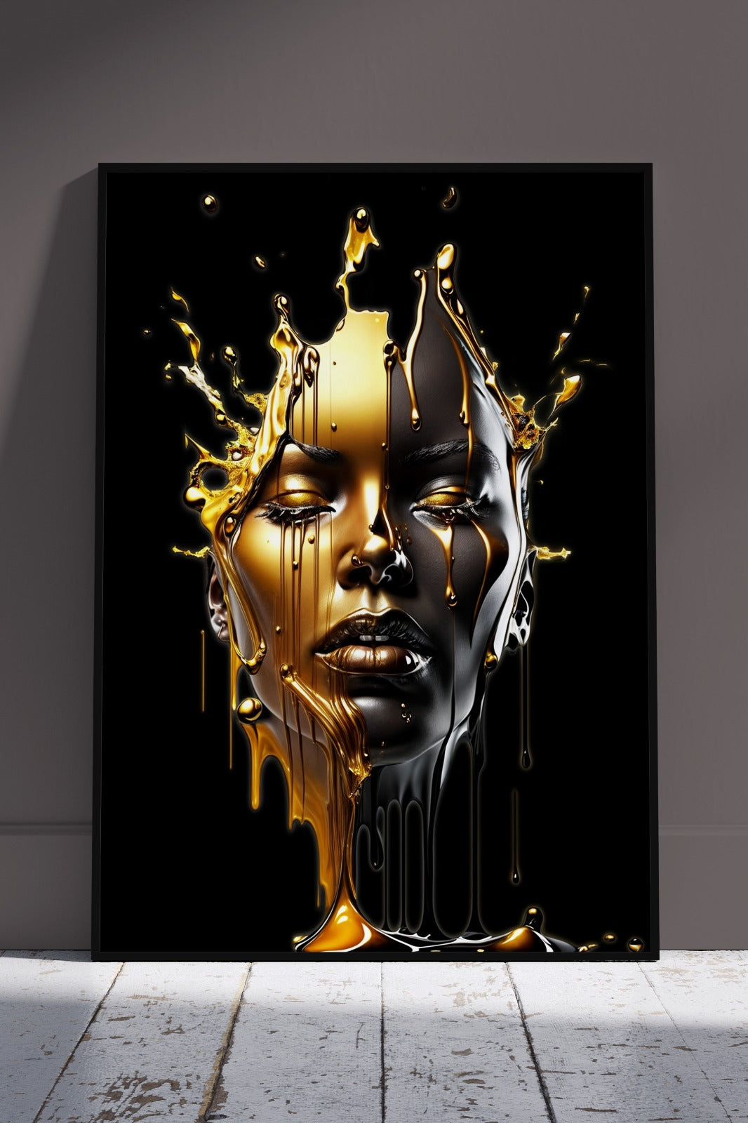 Mystique Fusion - Black and Gold Female Portrait | Black & Gold Poster Wall Art
