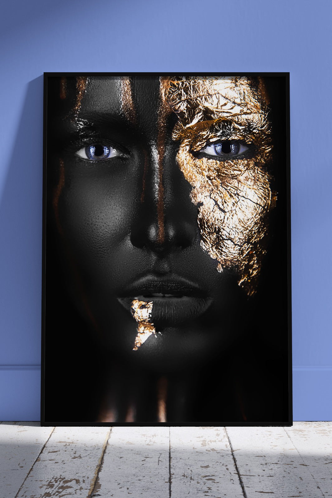 Portrait of A Afro American Girl with Gold Make up | Black & Gold Poster Wall Art
