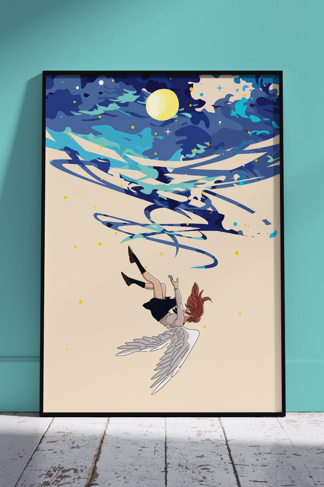 Vector Illustration Winged Girl Falling from Sky | Girlish Poster Wall Art