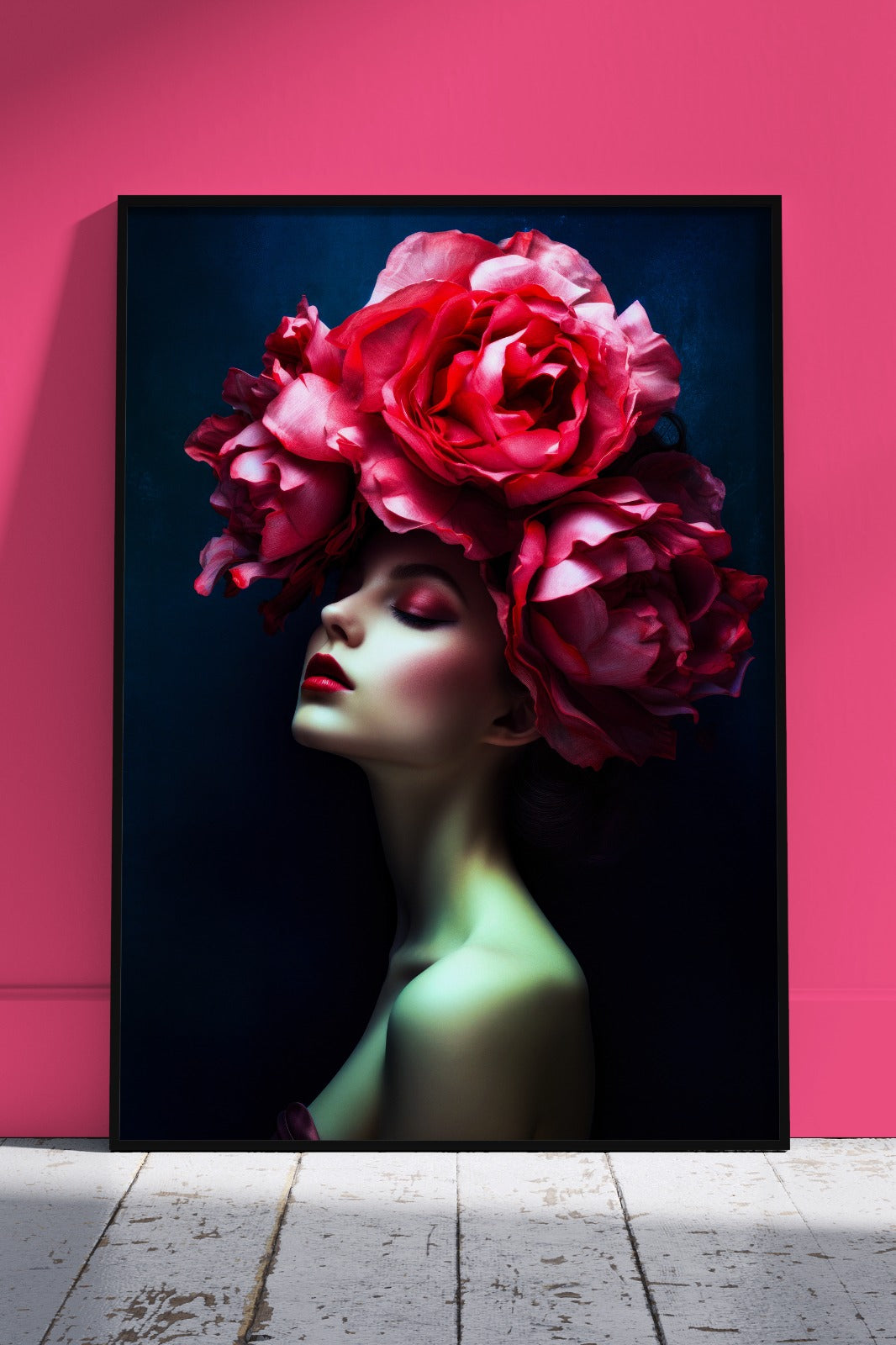 Woman with shades of dark pink flowers on her head | Floral Poster Wall Art