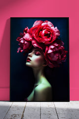 Woman with shades of dark pink flowers on her head | Floral Poster Wall Art
