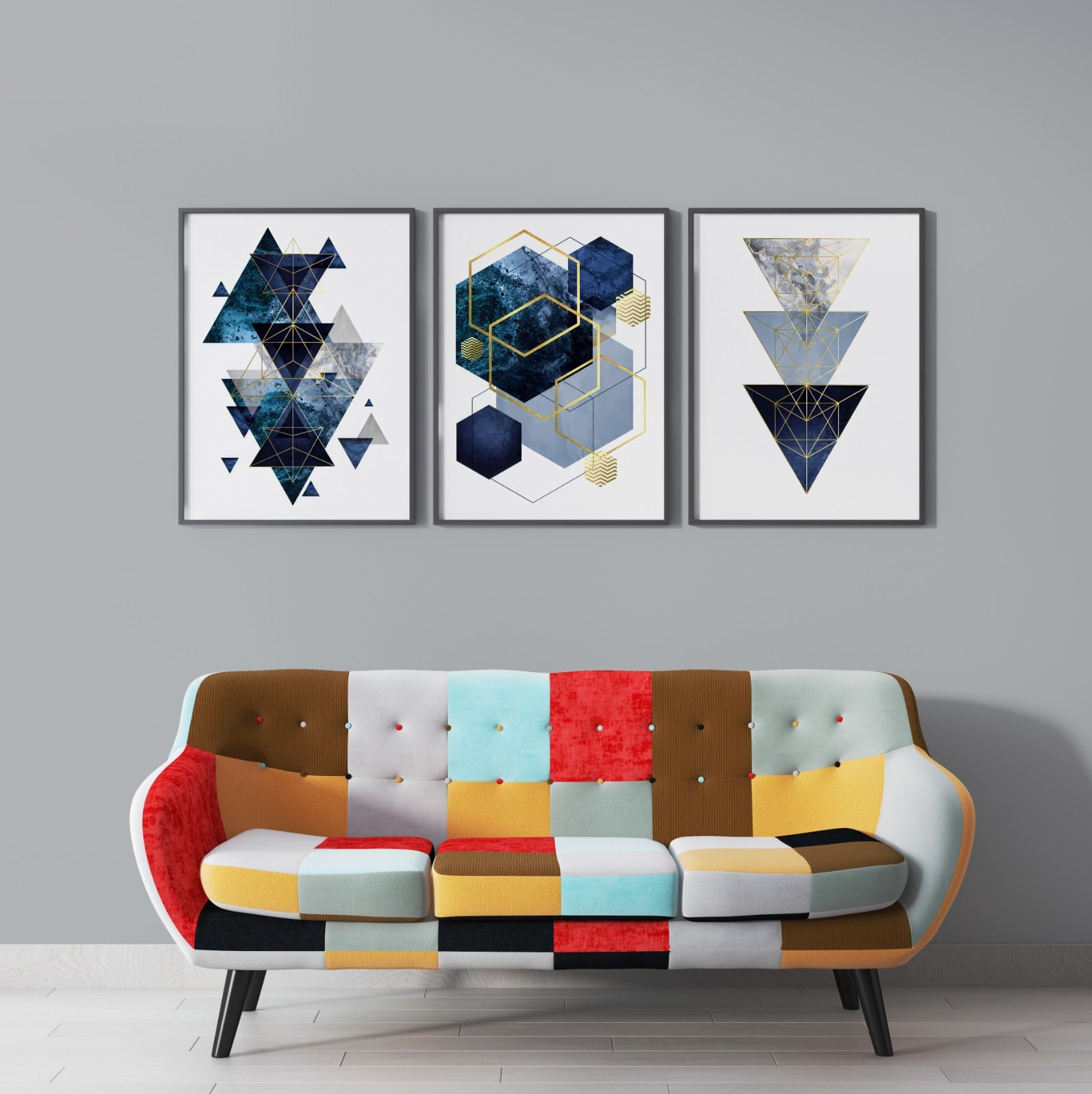 BLUE GEOMETRIC SHAPES (3 Panel) Abstract Wall Art