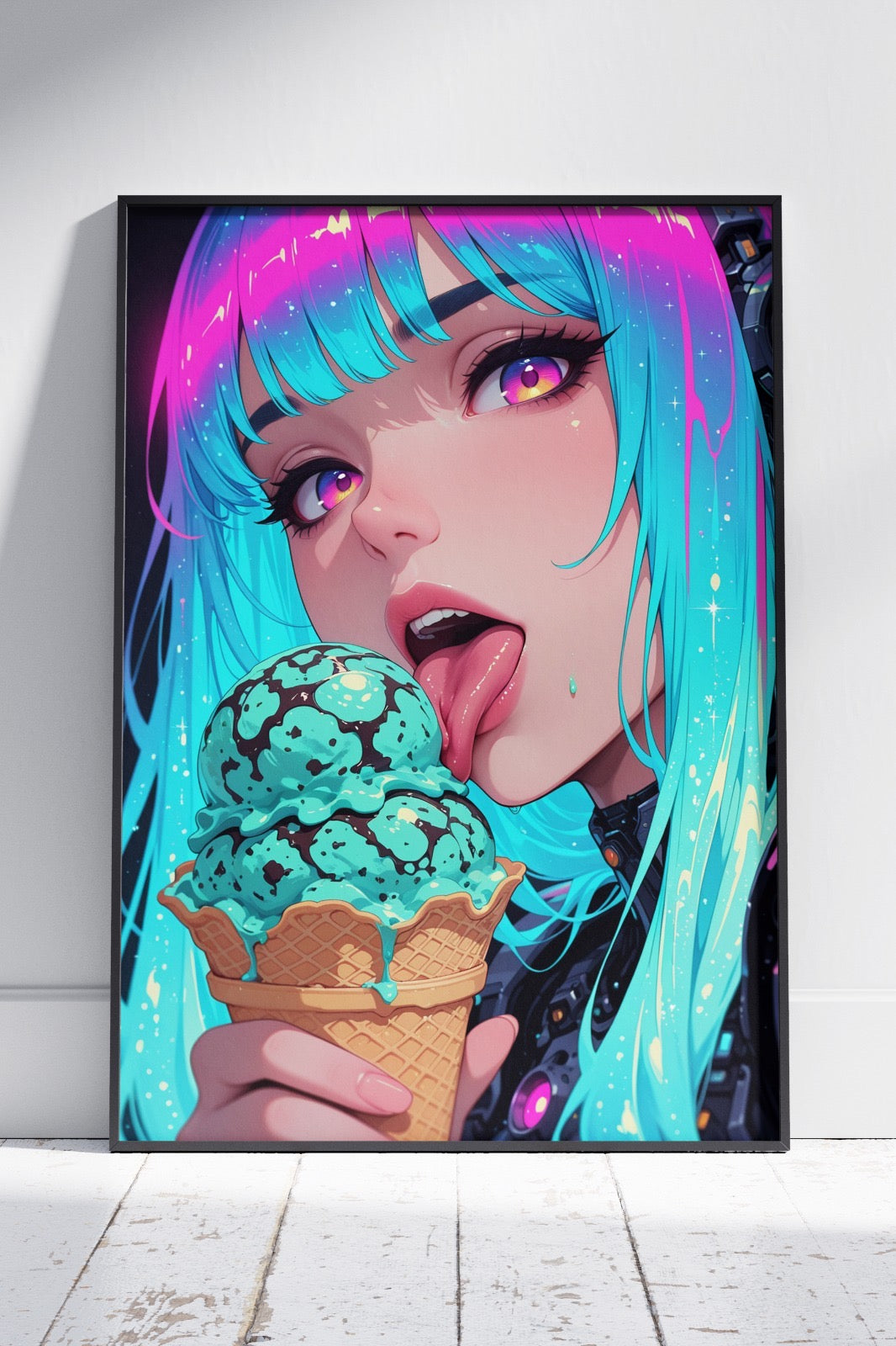 green hair anime girl eating ice cream | Ai Artworks Poster Wall Art