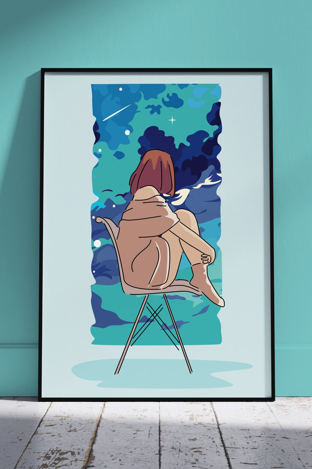 vector illustration of girl sitting and looking at the sky | Girlish Poster Wall Art